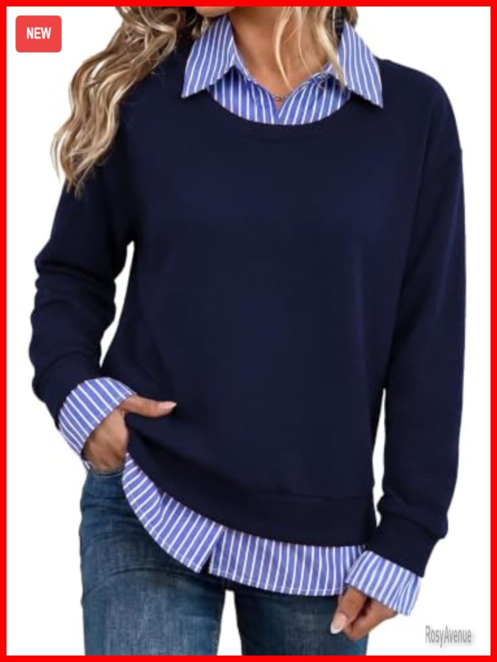 SHEWIN Womens 2-in-1 Striped Patchwork Collar Sweatshirt Business Casual Fall